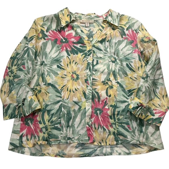 JM Collection Linen Top Womens Plus Sz 16 Petite Button Up Floral Green Yellow - Picture 1 of 8